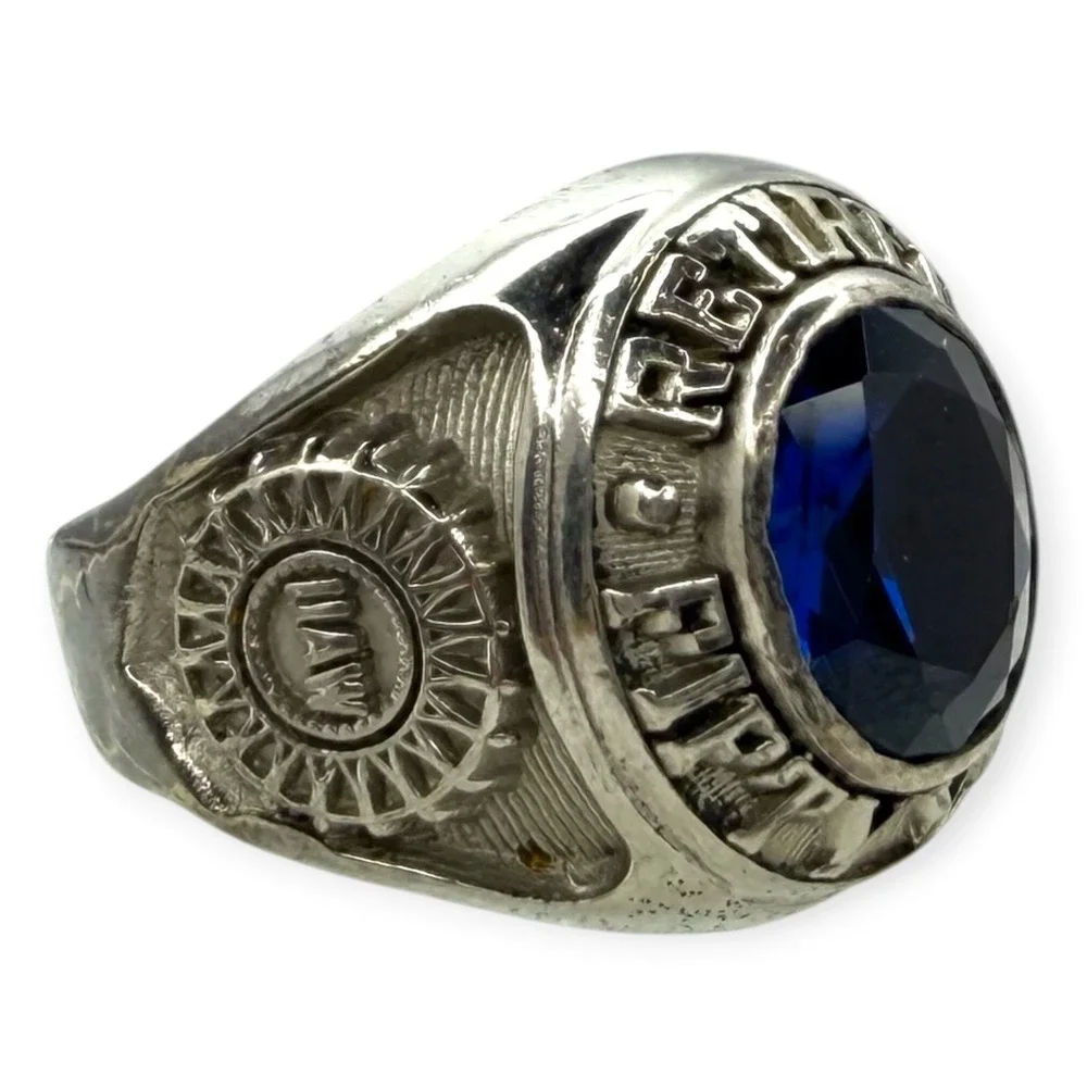 UAW Retiree Ring Sterling Silver Size 9.75 Blue Stone 1935-1985 Fifty Years